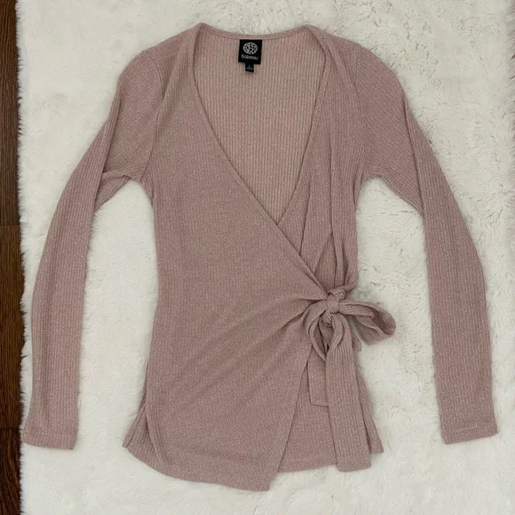 Balletcore Wrap Side Tie Long Sleeve Top | Bobeau Dusty Rose Pink Ribbed Sweater - Picture 8 of 16